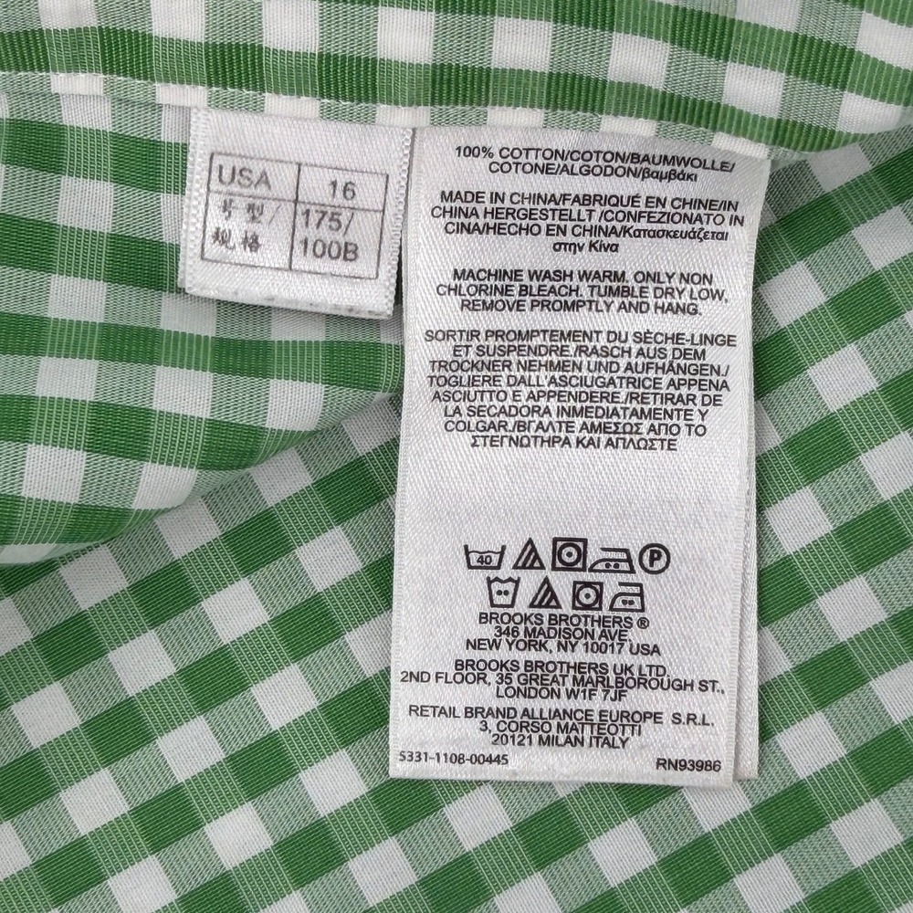 Brooks Brothers 346 Mens 16-2/3 Slim Fit Non-Iron Gingham Shirt Green White Prep - Picture 12 of 13